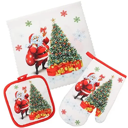 Produktbild: DOITOOL Weihnachten Ofenhandschuhe Topflappen Handtuch Weihnachtsmann Weihnachtsbaum Hitzebeständige rutschfeste Kochhandschuhe für Silvester Urlaub Grillen Kochen Backen Grillen