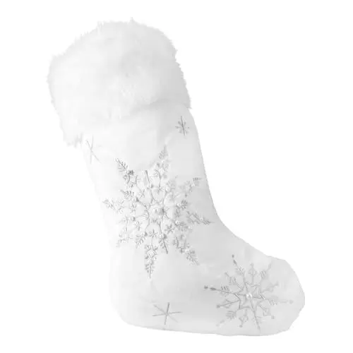 Produktbild: DOITOOL Weihnachtsstrumpf mit Weißen Kunstpelz Funkelnden Schneeflocke Pailletten Weihnachtssocke Hängende Verzierung für Urlaub Weihnachten Kamin Dekorationen Socken Silber