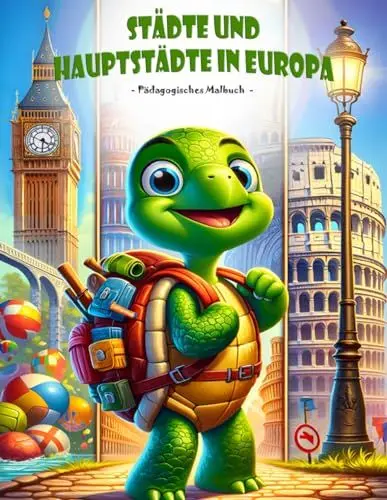 Produktbild: DOJA Books | Hauptstädte & Städte von Europa Malbuch | Die reisende Schildkröte | 53 Malvorlagen | Pädagogisches Malbuch für Kinder und Jugendliche | Landschaften und Sehenswürdigkeiten Zeichnen