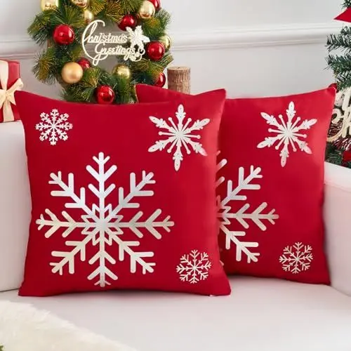 Produktbild: Dokeleen Weihnachtliche Kissenbezüge - Silber Schneeflocke Samt Kissenhülle 45x45 - Winter Zierkissenbezug 2er Set Rot