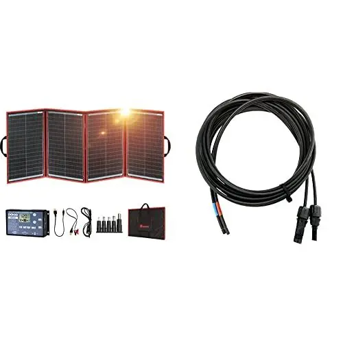 Produktbild: DOKIO 200W 18V Faltbar Solar Panel Kit Monokristallines Mit Solarladeregler Und PV-Kabel & Offgridtec 5m Profi-Verbindungskabel Solarladeregler zu Solarmodul - MC4 zu Aderendhülsen