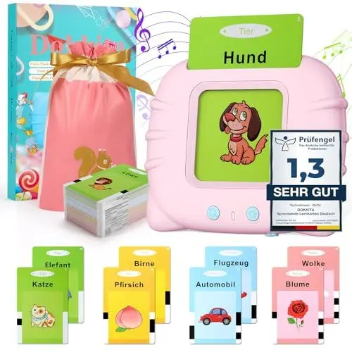 Produktbild: Dokkita Sprechende Lernkarten Deutsch, Flash Karten Kinder Deutsch, Standard Deutsch-112 Blätter 224 Wörter, Lernkarten zur Sprachförderung, Vorschule Geschenk Spielzeug für Mädchen Jungen-Rosa