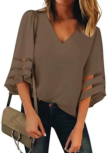 Produktbild: Dokotoo Bluse Damen 3/4 Arm V-Ausschnitt Tunika Damen Spitzen Oberteile Chiffon Bluse Damen Leger Locker Tops Shirt, Coffee, M