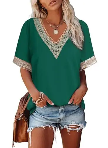 Produktbild: Dokotoo Bluse Damen Elegant Spitzen Oberteile Sommer Blusen Tuniken V-Ausschnitt Kurzarm Aushöhlen Spitzenbluse Locker Lässig Pullover Tops Hemdbluse Elegante Oberteil T-Shirts Grün XL