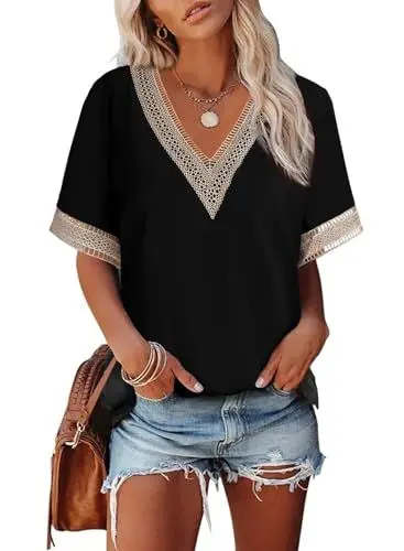 Produktbild: Dokotoo Bluse Damen Elegant Spitzen Oberteile Sommer Blusen Tuniken V-Ausschnitt Kurzarm Aushöhlen Spitzenbluse Locker Lässig Pullover Tops Hemdbluse Elegante Oberteil T-Shirts Schwarz L
