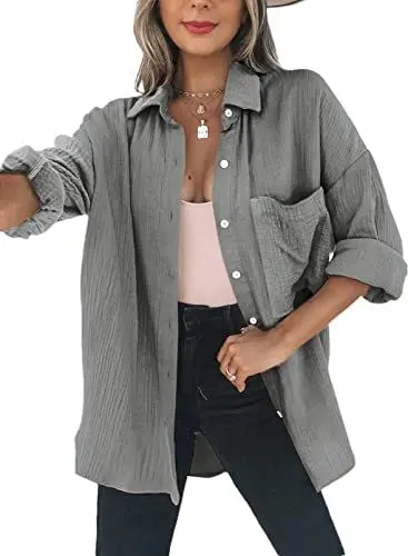 Produktbild: Dokotoo Bluse Damen Musselin Langarmshirt Baumwolle Lässig Oberteile Hemd Langarm Farbblock Shirts Einfarbig Tops Hemdjacke Grau M