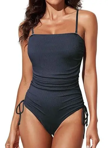 Produktbild: Dokotoo Damen Badeanzug Shape Spaghettiträger Bademode Raffung Bauchweg Einteilige Badeanzüge Swimsuit, Navy blau, M