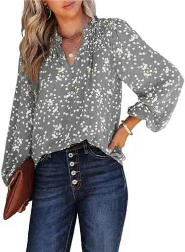 Produktbild: Dokotoo Damen Bluse Elegant Blumen Chiffon Tunika V-Ausschnitt Langarm Locker Oberteil Hemd Shirt, grau, ​M