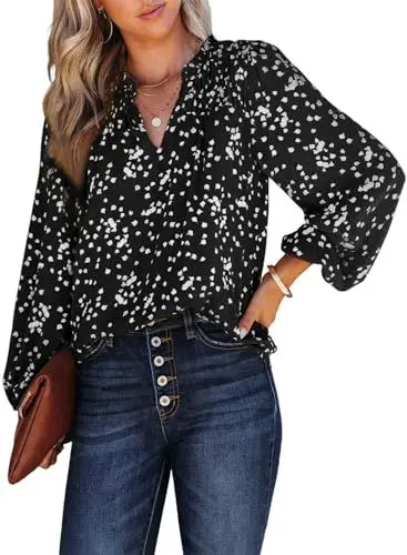 Produktbild: Dokotoo Damen Bluse Elegant Blumen Chiffon Hemdbluse V-Ausschnitt Laternenärmel Locker Tunika Shirt OL Business Oberteil, schwarz, ​XXL