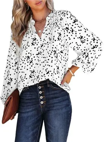 Produktbild: Dokotoo Damen Bluse Elegant Hemdbluse Blumen Chiffon Tunika V-Ausschnitt Langarm Locker Oberteile Shirts Tops, weiß, ​S