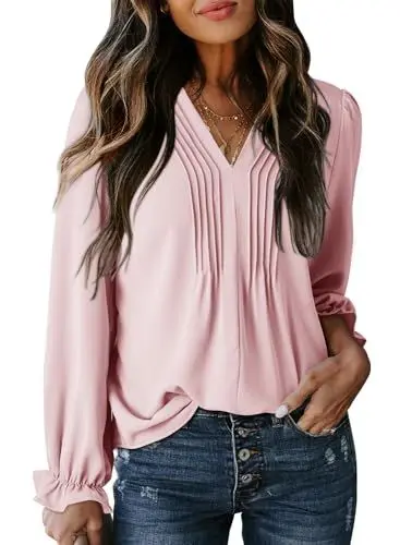 Produktbild: Dokotoo Damen Bluse Elegant V-Ausschnitt Hemdbluse Puffärmel Falten Tunika Casual Business Locker Oberteile Langarmshirt Hemd, rosa, XL