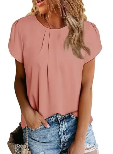 Produktbild: Dokotoo Damen Bluse Kurzarm Falten Tunika Elegant Chiffon Blusenshirt Sommer Rundhals Lose Oberteile Shirts Top, rosa, L