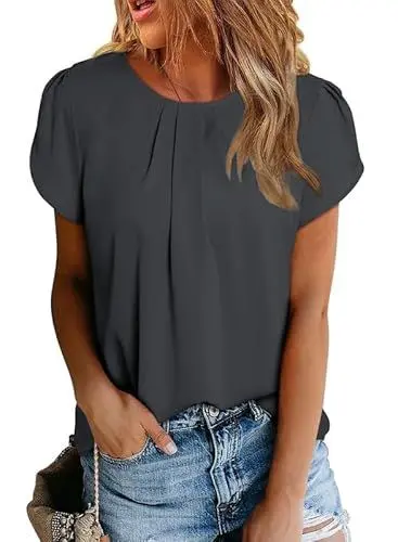 Produktbild: Dokotoo Damen Bluse Kurzarm Falten Tunika Elegant Chiffon Blusenshirt Sommer Rundhals Lose Oberteile Shirts Top, schwarz, M