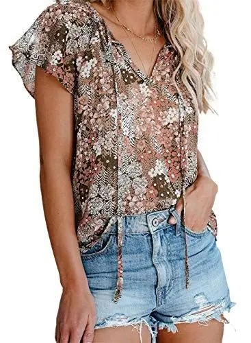Produktbild: Dokotoo Damen Bluse Sommer Blumen Kurzarm Tunika V-Ausschnitt Chiffon Lose Oberteile T-Shirt Tops, Khaki, L