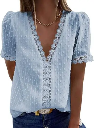 Produktbild: Dokotoo Damen Bluse Sommer Kurzarm Oberteile Elegant Spitzen V-Ausschnitt T-Shirt Swiss Dot Chiffonblusen Shirts Tops, himmelblau, XXL