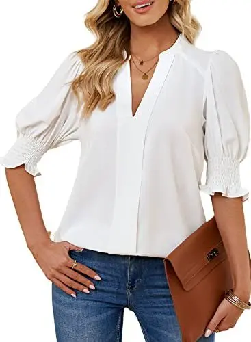 Produktbild: Dokotoo Damen Bluse Sommer Kurzarm Oberteile Elegant V-Ausschnitt Puffärmel Chiffonbluse Einfarbig Locker Tunika Shirt Tops, weiß, M