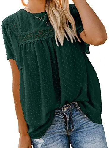 Produktbild: Dokotoo Damen Bluse Sommer Kurzarm Oberteile Spitzen Aushöhlen T-Shirt Elegant Rundhals Swiss Dot Chiffonblusen Shirts Tops, grün, M