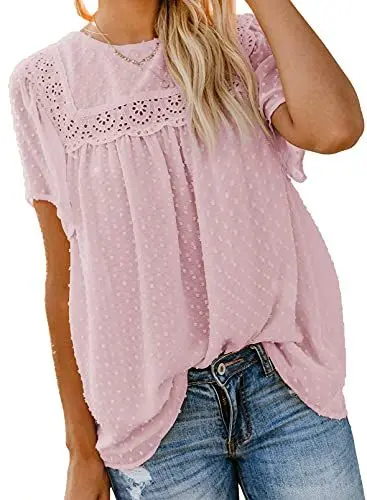 Produktbild: Dokotoo Damen Bluse Sommer Kurzarm Oberteile Spitzen Aushöhlen T-Shirt Elegant Rundhals Swiss Dot Chiffonblusen Shirts Tops, rosa, XXL