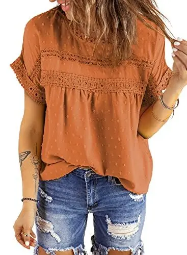 Produktbild: Dokotoo Damen Bluse Sommer Spitzen Kurzarm Tunika Elegant Rundhals Lose Trachtenbluse Festliche Oberteile Shirt, orange, L