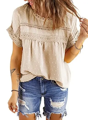 Produktbild: Dokotoo Damen Bluse Sommer Spitzen Kurzarm Tunika Elegant Rundhals Lose Damenbluse Party Oberteile Shirt, Aprikose, XL