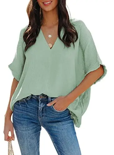 Produktbild: Dokotoo Damen Bluse V-Ausschnitt Musselin Tunika Shirt Oberteil Sommer Kurzarm Oversize Longshirt Blusenshirt Tops, grün, M
