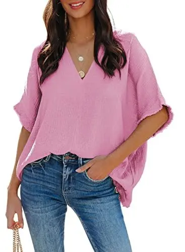 Produktbild: Dokotoo Damen Bluse V-Ausschnitt Musselin Tunika Shirt Oberteil Sommer Kurzarm Oversize Longshirt Damenblusen Tops, rosa, XXL