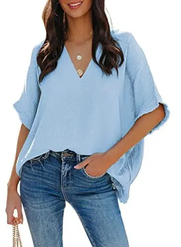 Produktbild: Dokotoo Damen Bluse V-Ausschnitt Musselin Tunika Shirt Oberteile Sommer Kurzarm Oversize Longshirt Leinenbluse Tops, himmelblau, L