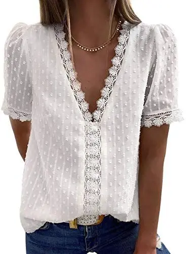 Produktbild: Dokotoo Damen Bluse Weiß Boho Spitze T-Shirt Tops Elegant Frühling Sommer V-Ausschnitt Oberteile Tunika Medium