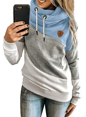 Produktbild: Dokotoo Damen Kapuzenpullover Schwarz Stehkragen Hoodie Pullover Farbblock Sweatshirt Langarmshirt Oberteile für Herbst Winter Medium