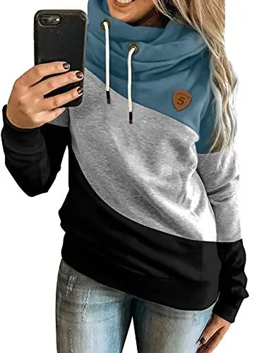 Produktbild: Dokotoo Damen Kapuzenpullover Stehkragen Hoodie Pullover Farbblock Sweatshirt Langarmshirt Oberteile für Herbst Winter M, Blau
