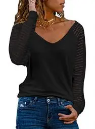 Produktbild: Dokotoo Damen Oberteile Schwarz Streifen Mesh Langarmshirt Casual V-Ausschnitt Bluse Shirt Tops Large