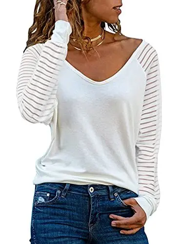 Produktbild: Dokotoo Damen Oberteile Weiß Streifen Mesh Langarmshirt Casual V-Ausschnitt Bluse Shirt Tops Small