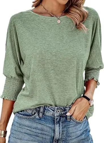 Produktbild: Dokotoo Damen T-Shirt Basic Rundhals 3/4 Ärmel Bluse Frühling Sommer Einfarbig Lose Oberteile Shirt Tops, grasgrün, L