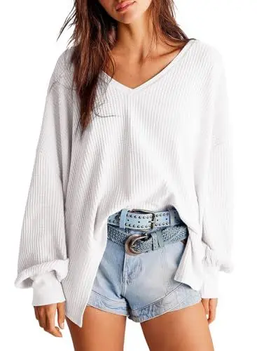 Produktbild: Dokotoo Oberteile Damen Langarm Oversize Tshirt V-Ausschnitt Pullover Hemd Bluse Herbst Locker Waffel Stricken Blusen Tunika Unregelmäßiger Schnitt Langarmshirt Sweatshirt Pulli Shirts Weiß L