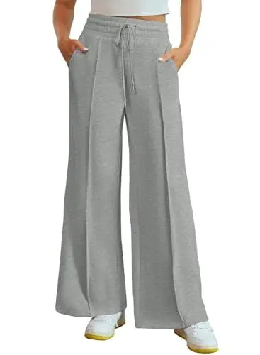 Produktbild: Dokotoo Palazzo Hose Damen Jogginghose Baggy Lang Aktive Freizeithose High Waist Einfarbig Hosen mit Taschen Kordelzug Outdoor Lässige Elastisch Stoffhose Grau XL
