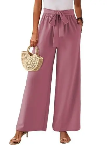 Produktbild: Dokotoo Sommerhose Damen Leicht Leinenhose Elegant High Waist Palazzo Hose Sommer Musselin Stoffhose Luftige Freizeithose Strandhose mit Taschen, rosenbräune, L