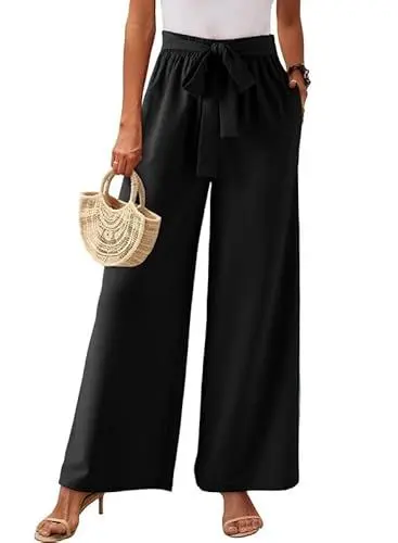 Produktbild: Dokotoo Sommerhose Damen Leicht Leinenhose Elegant High Waist Palazzo Hose Sommer Musselin Stoffhose Luftige Freizeithose Strandhose mit Taschen, schwarz, L