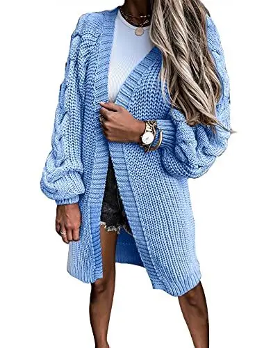 Produktbild: Dokotoo Strickjacke Damen Lang Cardigan Grobstrick Strickmantel Strickpullover Casual Locker Pullover Mantel Jacke für Herbst Winter S, Himmelblau