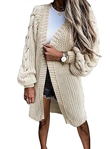 Produktbild: Uusollecy Lang Strickjacke Damen, Einfarbige Grobstrick Strickcardigan, Herbst Winter Langarm Strickmantel, Casual Open Front Strickpullover Sweater Cardigan mit Puffärmel Khaki S