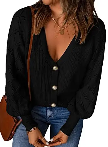 Produktbild: Dokotoo Strickjacke Damen V-Ausschnitt Cardigan Casual Einfarbig Kurz Strickmantel Pullover Herbst Winter Strickpullover Jacke mit Knopf, schwarz, M