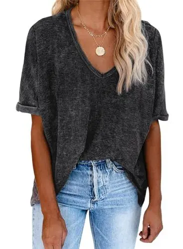 Produktbild: Dokotoo Tshirt Damen Oversize Sommer Kurzarm V Ausschnitt T Shirt Oberteile Baumwolle Locker Casual Bluse Waffel Pullover Tops Grau 2XL