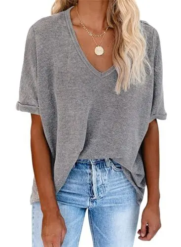 Produktbild: Dokotoo Tshirt Damen Oversize Sommer Kurzarm V Ausschnitt T Shirt Oberteile Baumwolle Locker Casual Bluse Waffel Pullover Tops Grau XL