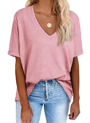 Produktbild: Dokotoo Tshirt Damen Oversize Sommer Kurzarm V Ausschnitt T Shirt Oberteile Baumwolle Locker Casual Bluse Waffel Pullover Tops Rosa L