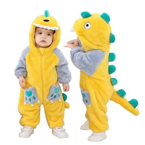 Produktbild: Doladola Babyspielanzug Tier overall Spielanzug Schlafanzug Flanell Frühling Strampler Pyjama Bekleidung Karikatur Tier Jumpsuit für Baby mädchen und Junge (Gelber Dinosaurier,Alter 12-18 Monate)