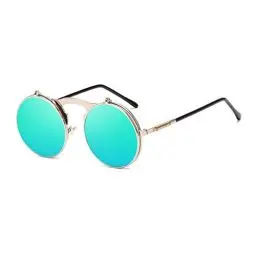 Produktbild: Dollger Runde Steampunk Sonnenbrille Flip up Linse Retro Metall Rahmen Sonnenbrille für Damen Herren Silber Rahmen/Grün Linse