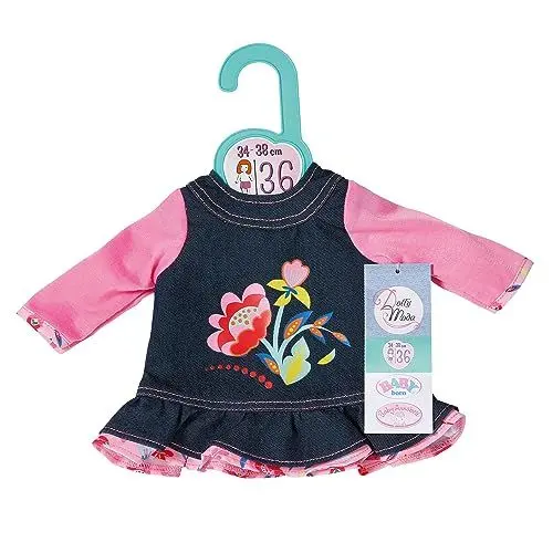 Produktbild: Dolly Moda, Puppenkleidung, Jeans Kleid Blumen 36cm, Jeanskleid mit rosa Langarm-Shirt, 871508, Zapf Creation