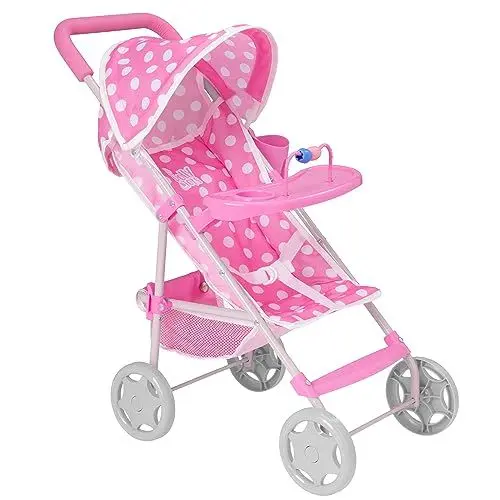 Produktbild: Dolly Tots Spielzeit Puppenwagen Pink Polka Dot | Kinderwagen mit abnehmbarem Spieltablett | Faltbarer Puppen-Buggy Spielzeug | Rollenspiel Puppen-Kinderwagen für Kinder ab 3 Jahren