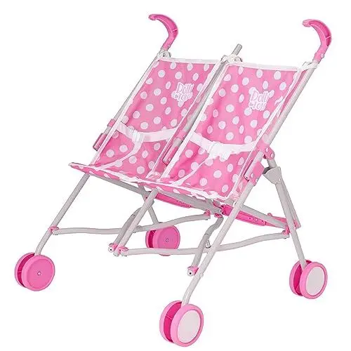 Produktbild: Dolly Tots Zwillings-Puppenwagen Pink | Doppel-Buggy für Kinder mit Klappfunktion | Spielzeug-Buggy für Rollenspiele | Puppenwagen ab 3 Jahren.