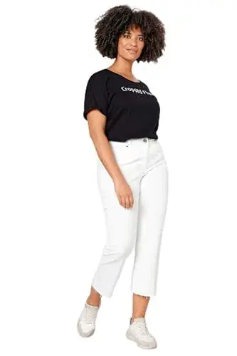 Produktbild: Dollywood Damen große Größen Übergrößen Plus Size 3/4-Jeans, mit Schlag und Fransensaum, 5-Pocket weiß 50 200683209-50