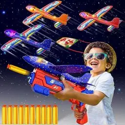 Produktbild: Doloowee 4 IN 1 Airplane Launcher Spielzeug, LED-Schaum Gleiter Flugzeug Katapult, 3 Flugmodi, Outdoor-Sport Fliegen Spielzeug 3-12 Jahre alt Jungen Mädchen Geburtstag Geschenke(Blau)